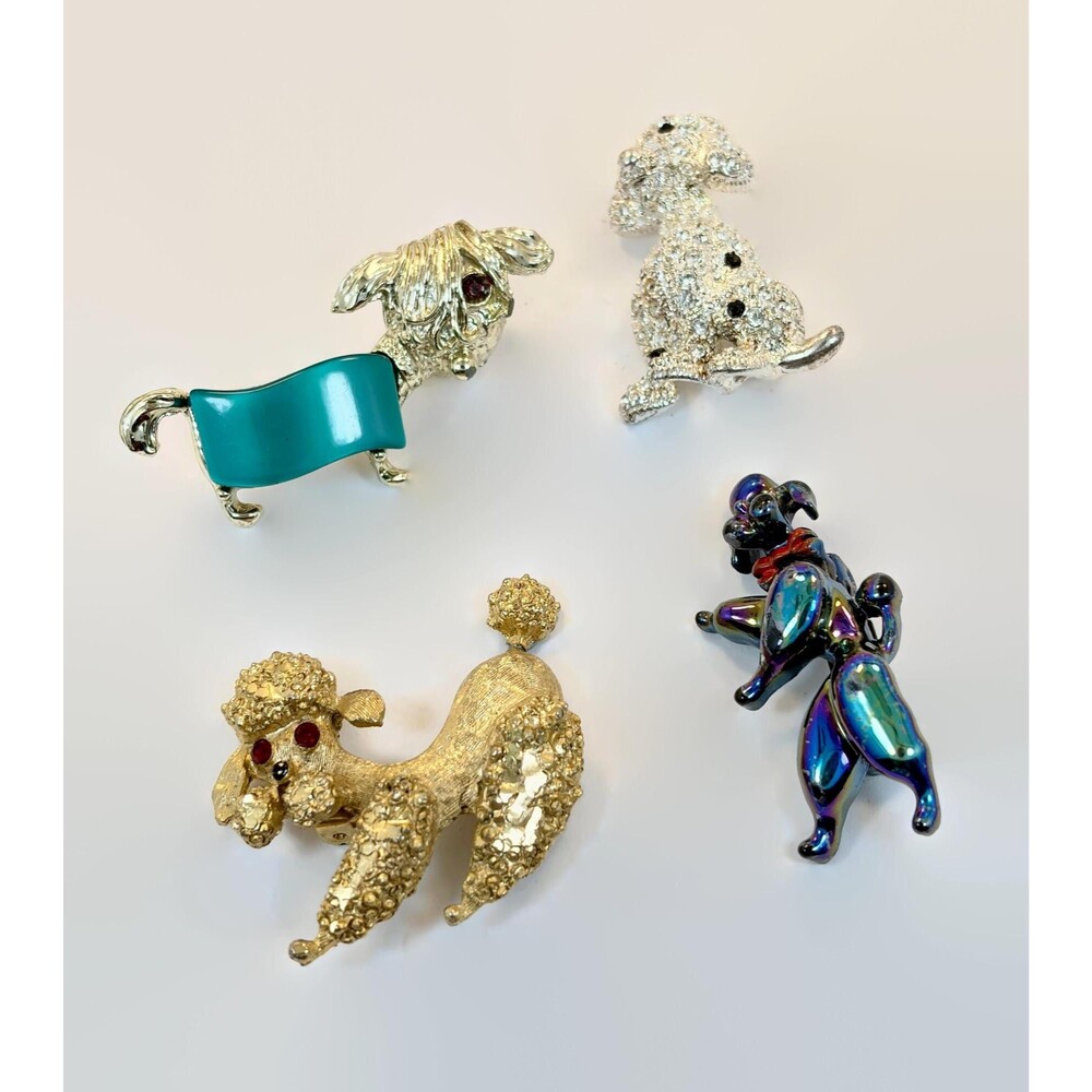 Vintage Brooch Lot, 4, Dog, Poodle, Mamselle, 60s, 70s, Articulated Gold, Silver
